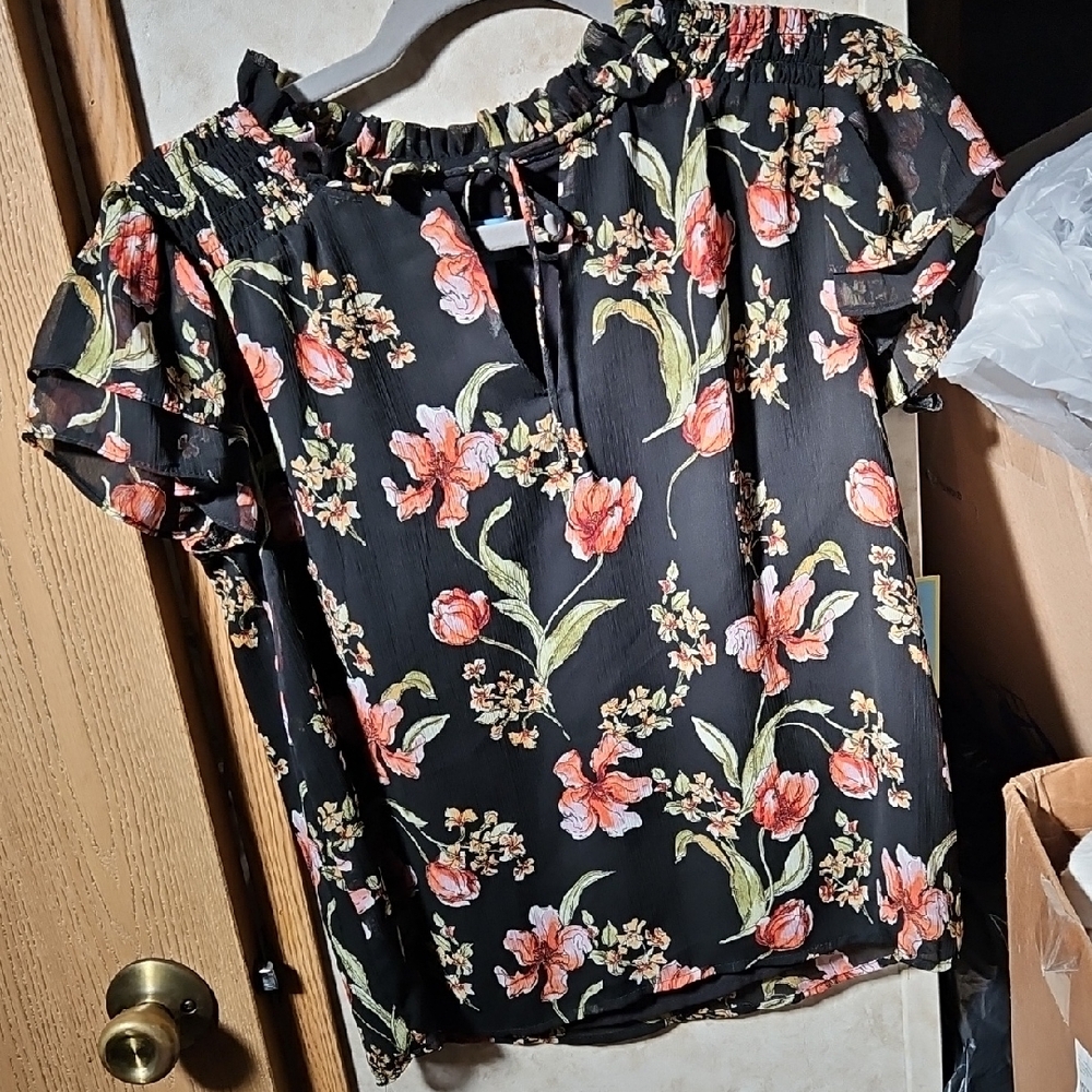 CeCe Black Blouse with Pink Floral Design